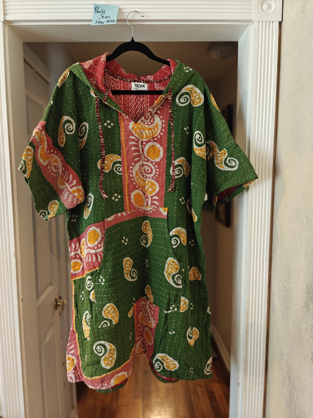 Green Boho Hooded Tunic Dress with Kangaroo Pocket